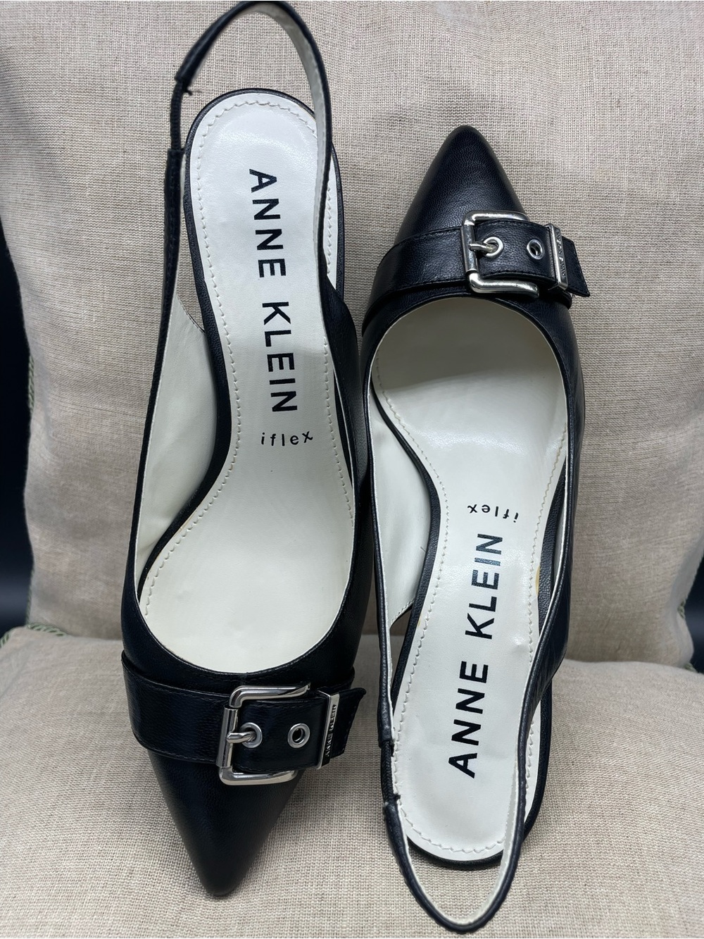 Anne Klein iFlex Black Leather Pointed Slingback Pumps with Buckle Detail